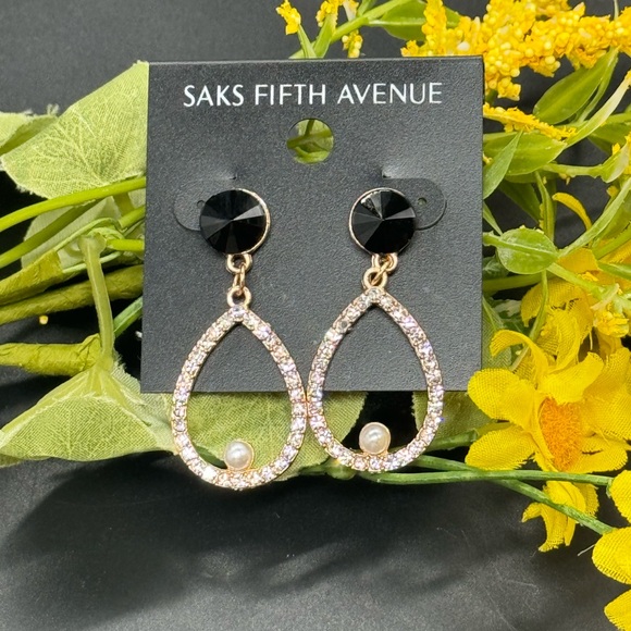 Saks Fifth Ave Black Crystal Post With Drop teardrop Pave Crystal Earrings - Picture 2 of 5